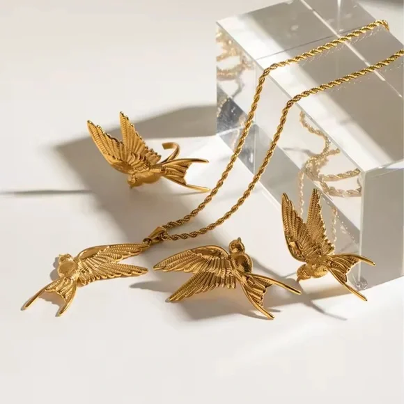 Swallow Peace Bird 18k Gold Stainless Steel Ring, Earrings, Necklace Set - Picture 11 of 17